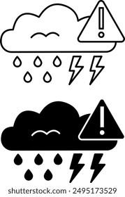 In: Extreme Wetter Icons. Schwarz-Weiß-Vektorsymbole. Regenwolke und Warnschild. Sturmwarnung. Umweltproblem. Konzept des Klimawandels