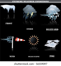 Extreme Weather Icons Set On Black Background