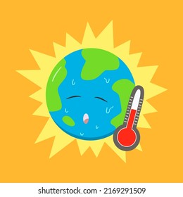 Extreme weather and rising temperatures. The climate change crisis impacts the earth. Hot air summer heatwave. Cartoon illustration of global warming like the sun. Burning planet.