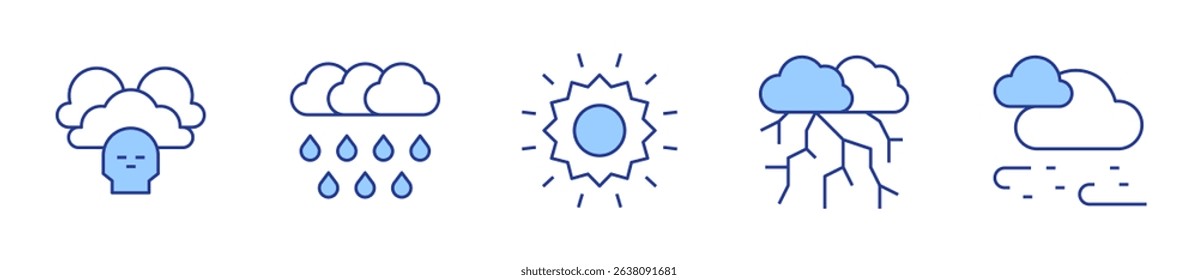 extreme weather, sun, snowfall, heavy rain, storm. Weather forecast Icon vector illustration. Line Duotone style. Editable stroke.