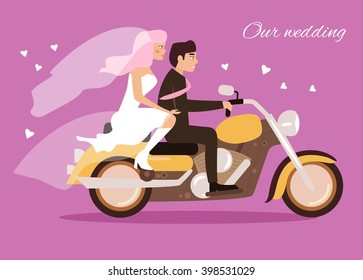 Extreme wedding. Couple on a motorcycle. Vector isolated illustration. Cartoon character. 