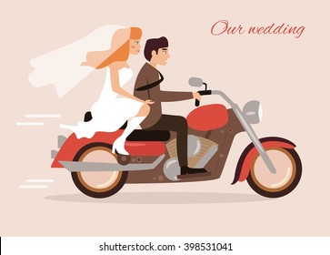 Extreme wedding. Couple on a motorcycle. Vector isolated illustration. Cartoon character. 