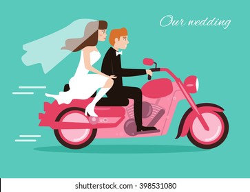 Extreme wedding. Couple on a motorcycle. Vector isolated illustration. Cartoon character. 