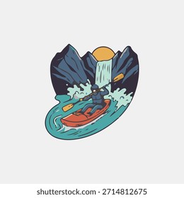 Icono extremo del Vector del kayak de la agua blanca con la cascada y los rápidos del río 