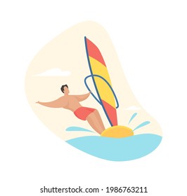Extreme windsurfing. Man in shorts rushes over waves board with sail. Fun speed adventure tropical vacation. Sports marine leisure in outdoor and sun. Vector flat illustration isolated