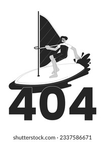 Extreme windsurfing sport black white error 404 flash message. Swimwear latin man surfing with sail. Mono empty state ui design. Page not found popup cartoon image. Vector flat outline illustration