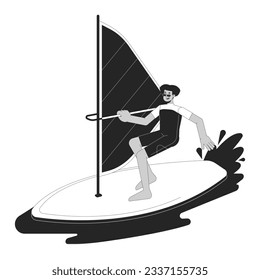 Extreme windsurfing sport bw vector spot illustration. Swimwear latino man surfing with sail 2D cartoon flat line monochromatic character for web UI design. Editable isolated outline hero image