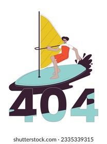 Extreme windsurfing sport error 404 flash message. Swimwear latin man surfing with sail. Empty state ui design. Page not found popup cartoon image. Vector flat illustration concept on white background