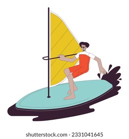 Extreme windsurfing sport flat line vector spot illustration. Swimwear latino man surfing with sail 2D cartoon outline character on white for web UI design. Editable isolated colorful hero image