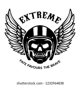 Extreme. Winged skull on black background. Design element for logo, label, emblem, sign, poster. Vector illustration