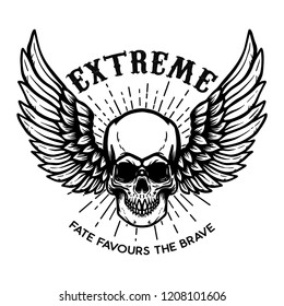 Extreme. Winged skull on white background. Design element for logo, label, emblem, sign, poster. Vector illustration