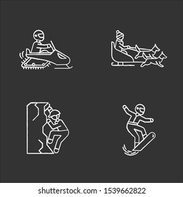 Extreme winter activity chalk icons set. Risky sport, adventure. Cold season outdoor leisure. Snowboarding, ice climbing, snowmobiling and dog sledding. Isolated vector chalkboard illustrations