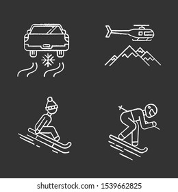 Extreme winter activity chalk icons set. Risky sport hobby, adventure. Cold season outdoor leisure and recreation. Ice driving, sledding and heli skiing. Isolated vector chalkboard illustrations