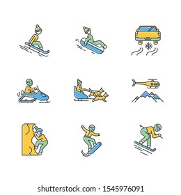 Extreme winter activity color icons set. Risky sport, adventure. Cold season outdoor leisure. Snowmobiling, ice climbing, sledding, snow tubing. People riding sleigh. Isolated vector illustrations