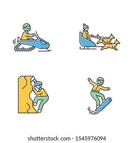 Extreme winter activity color icons set. Risky sport, adventure. Cold season outdoor leisure. Snowboarding, ice climbing, snowmobiling and dog sledding. Isolated vector illustrations