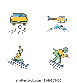 Extreme winter activity color icons set. Risky sport hobby, adventure. Cold season outdoor leisure and recreation. Ice driving, sledding and heli skiing. Isolated vector illustrations