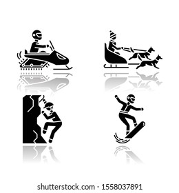 Extreme winter activity drop shadow black glyph icons set. Risky sport, adventure. Cold season outdoor leisure. Snowboarding, ice climbing, snowmobiling and dog sledding. Isolated vector illustrations