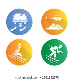 Extreme winter activity flat design long shadow glyph icons set. Risky sport hobby, adventure. Leisure and recreation. Ice driving, sledding and heli skiing. Vector silhouette illustration