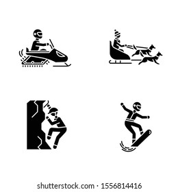 Extreme winter activity glyph icons set. Risky sport, adventure. Cold season outdoor leisure. Snowboarding, ice climbing, snowmobiling and dog sledding. Silhouette symbols. Vector illustration