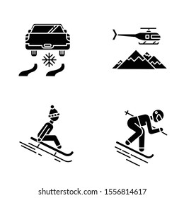 Extreme winter activity glyph icons set. Risky sport hobby, adventure. Cold season outdoor leisure and recreation. Ice driving, sledding. Silhouette symbols. Vector isolated illustration