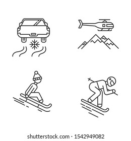Extreme winter activity linear icons set. Cold season outdoor leisure and recreation. Ice driving, sledding. Thin line contour symbols. Isolated vector outline illustrations. Editable stroke