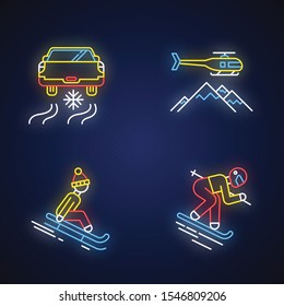 Extreme winter activity neon light icons set. Risky sport hobby, adventure. Cold season outdoor leisure and recreation. Ice driving, heli skiing. Glowing signs. Vector isolated illustrations