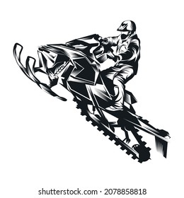 Extreme winter sport Snowmobile jumping Silhouette on white background