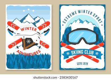 Extreme winter sport. Vector ski club retro flyer, poster, banner with mountain, ski, ski glasses, ski poles, helmet. Family vacation, activity or travel.