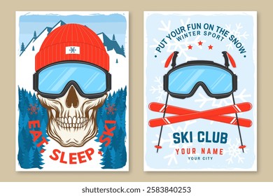 Extreme winter sport. Vector ski club retro flyer, poster, banner with ski glasses, skull skeleton in winter sport hat, mountain, ski, ski glasses. Family vacation, activity or travel.