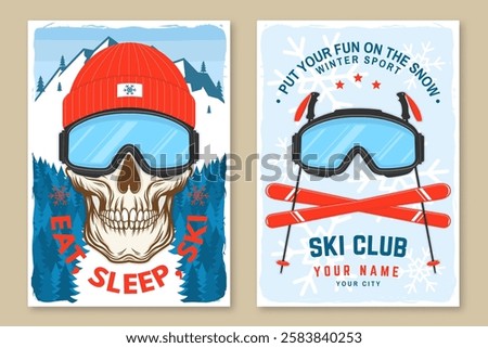 Extreme winter sport. Vector ski club retro flyer, poster, banner with ski glasses, skull skeleton in winter sport hat, mountain, ski, ski glasses. Family vacation, activity or travel.