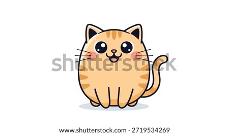 Extremely cute and round cartoon orange tabby cat with big eyes and a happy smiling face on white background.