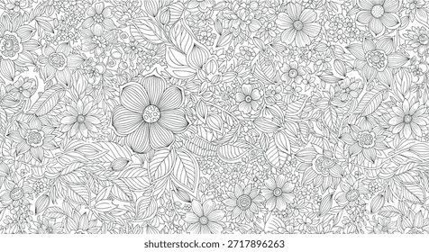 Extremely detailed and complex monochromatic line art pattern of various flowers and leaves for coloring or decorative backgrounds.