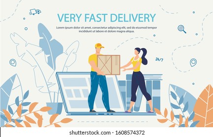 Extremely Fast Delivery Online Round-the-Clock Service Advertisement. Woman Getting Cardboard Parcel Box from Courier. Tiny People Characters Standing on Huge Laptop. Instant Packages Shipping