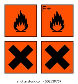 extremely flammable and harmful sign or symbol on orange rectangle. extremely flammable, harmful and irritant labels. isolated on white background. vector illustration