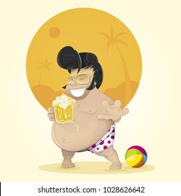 Extremely happy fat man on the beach, wearing golden glasses, enjoying the summer with a beer in his hand, wearing a fuchsia dots bathing suit and beside him a beach ball