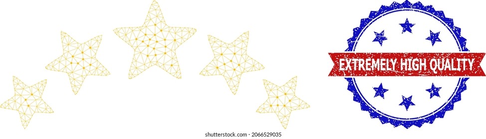 Hochwertige Qualitätssiegel mit unscharfem Stempelsiegel und Symbol für die Sternbewertung Polygonalmodell. Rot-blaue Bicolor-Stempelsiegel mit extrem hoher Qualität in Band und Rosette.