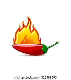 Extremely hot red chilli pepper with fire flame placed on white background