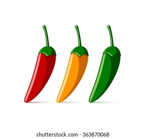 Extremely hot red, yellow and green chili peppers placed on white background