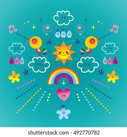 extremely impressive card with cute birds, flowers, Sun, rainbow, raindrops. Lovely nature theme set. Bright nature  environment concept card