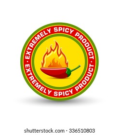 Extremely spicy product badge with burning red chilli pepper placed on white background