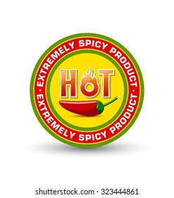 Extremely spicy product badge with red chilli pepper and HOT lettering placed on white background