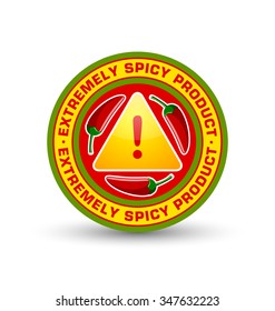 Extremely spicy product badge with three red chilli peppers and exclamation mark symbol placed on white background