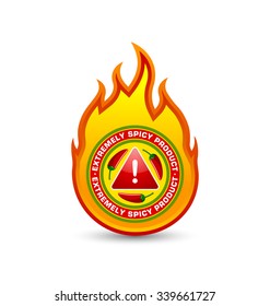 Extremely spicy product fire shaped badge with three red chilli peppers and exclamation mark symbol placed on white background