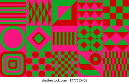 Extremely Strong Color Contrast. Green, Red, Pink Geometric Pattern Background With Squares And Circles. Vector Wallpaper Graphic Illustration.
