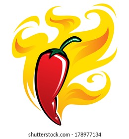 Extremely super hot red chilli paprika pepper surrounded by flames 