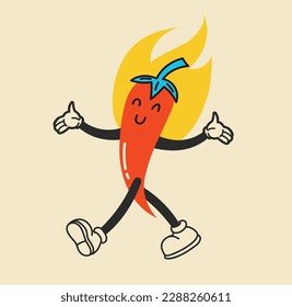 Extremely super hot retro red chilli paprika cartoon pepper smiling haracter surrounded by flames