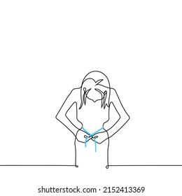 extremely thin woman measuring waist using a centimeter tape - one line drawing vector. concept sick with anorexia or eating disorder, hunger strike, strict diet