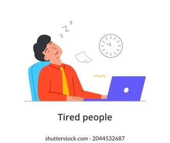 Extremely tired male character is sleeping at work in front of laptop on white background. Concept of different people tired in their daily work life with fatigue. Flat cartoon vector illustration