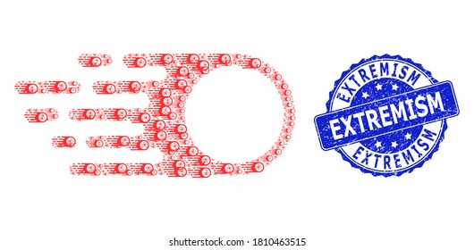 Extremism dirty round stamp seal and vector recursion collage photon flight. Blue seal contains Extremism caption inside round shape. Vector collage is done of repeating photon flight items.