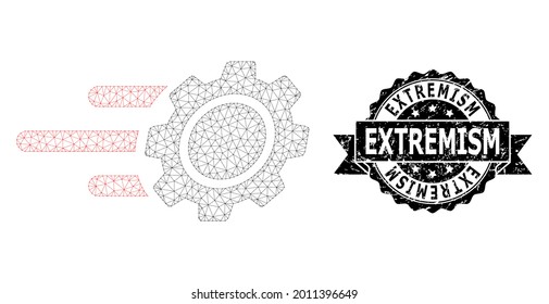 Extremism textured seal imitation and vector rush gear mesh model. Black stamp includes Extremism text inside ribbon and rosette. Abstract flat mesh rush gear, created from flat mesh.